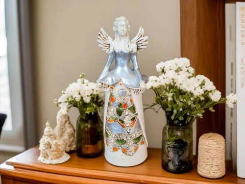 Anioł Anna - srebrny -  35 x 15 cm figurka dekoracyjna gipsowa