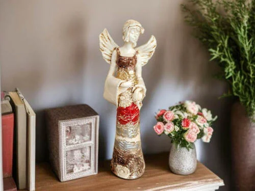 Anioł Frances - brąz czerwony -  30 x 14 cm figurka dekoracyjna gipsowa