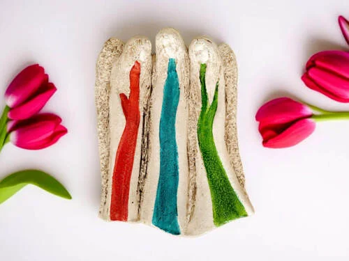 Anioły Wiara Nadzieja Miłość - pomarańcz turkus zieleń -  28 x 20 cm figurka dekoracyjna gipsowa