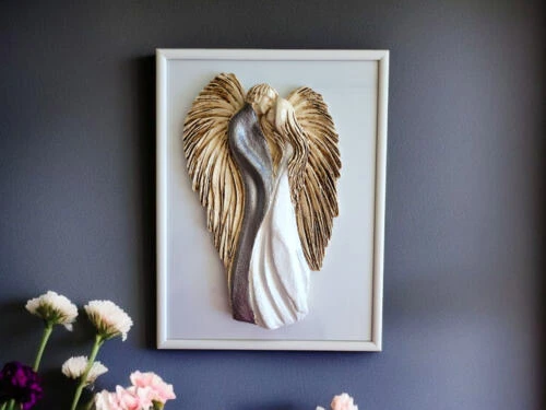 Zakochane Anioły + ramka - wiszące srebrne -  35 x 21 cm figurka dekoracyjna gipsowa