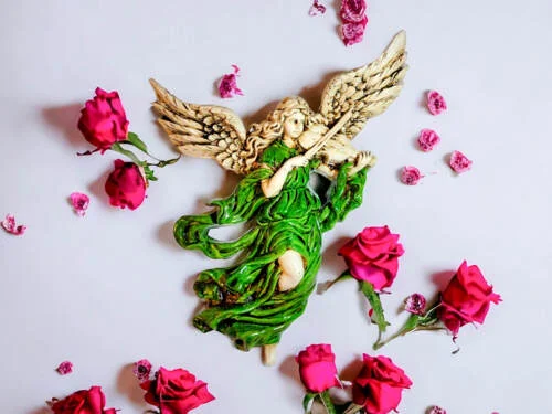 Anioł ze Skrzypcami - zielony -  25 x 33 cm figurka dekoracyjna gipsowa