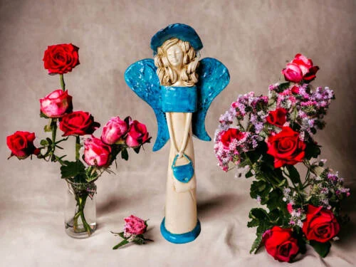 Anioł Coco - turkusowy -  30 x 14 cm figurka dekoracyjna gipsowa