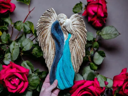 Zakochane Anioły - wiszące granatowo turkusowe -  35 x 21 cm figurka dekoracyjna gipsowa