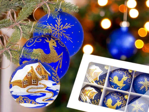 Złoty mix na granacie - chatka gwiazdka jelonek -  100 mm bombki choinkowe szklane