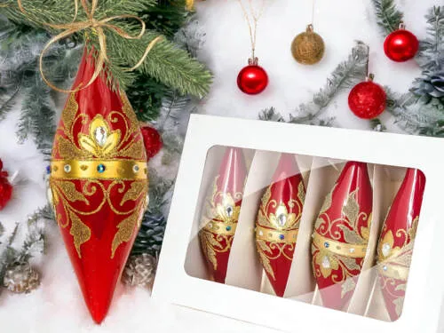 Sople Królewskie złote na czerwonej porcelanie -  180 mm bombki choinkowe szklane 4 szt