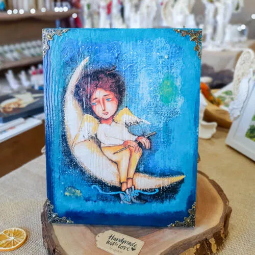 Księżycowy Aniołek - obraz na desce -  22.5 x 29.5 cm
