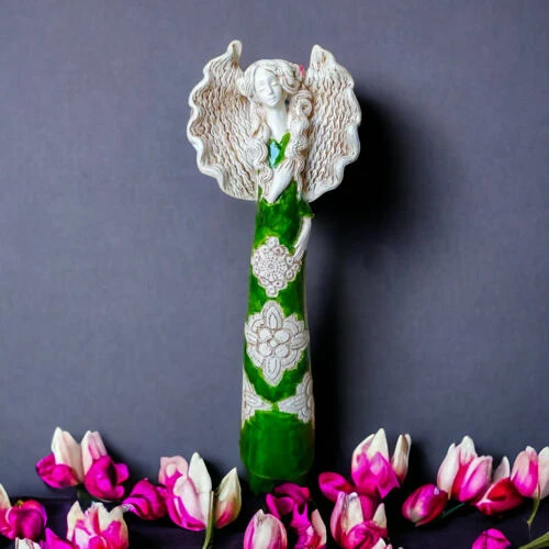 Anioł Madelyn - zielony -  47 x 18 cm figurka dekoracyjna gipsowa