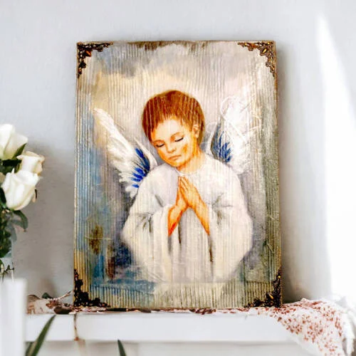 Anioł Chłopiec - obraz na desce -  22.5 x 29.5 cm