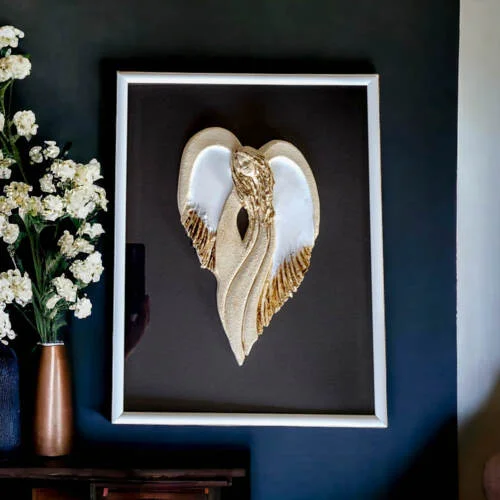 Anioł Cynthia + Ramka - biały -  30 x 17 cm figurka dekoracyjna gipsowa