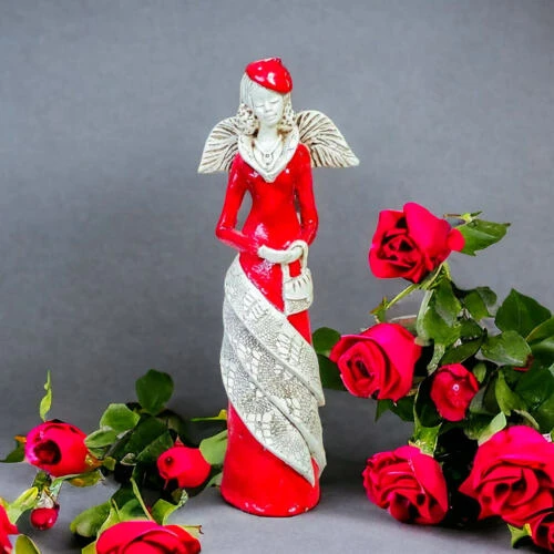 Anioł Charlotte - czerwony -  32 x 15 cm figurka dekoracyjna gipsowa