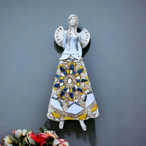 Anioł Heather - biały granat pomarańcz -  35 x 15 cm figurka dekoracyjna gipsowa