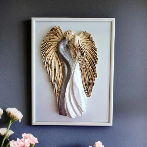 Zakochane Anioły + ramka - wiszące srebrne -  35 x 21 cm figurka dekoracyjna gipsowa