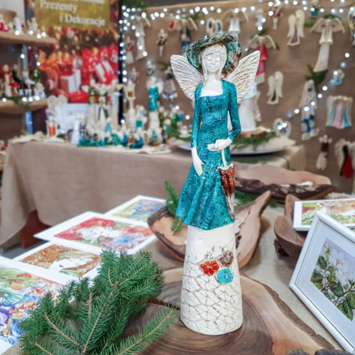 Anioł Olivia - turkus -  32 x 15 cm figurka dekoracyjna gipsowa