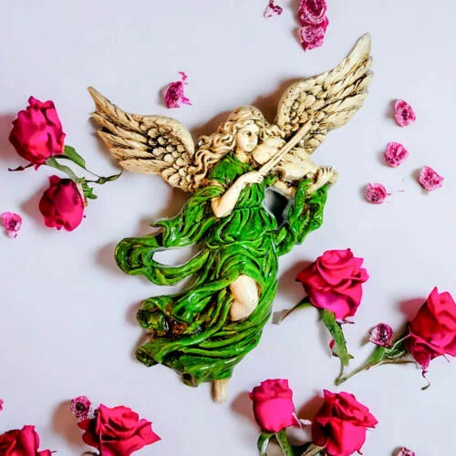 Anioł ze Skrzypcami - zielony -  25 x 33 cm figurka dekoracyjna gipsowa