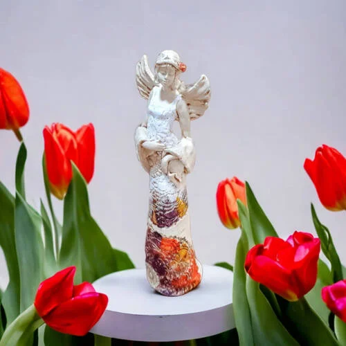 Anioł Frances - biały brąz pomarańcz -  30 x 14 cm figurka dekoracyjna gipsowa