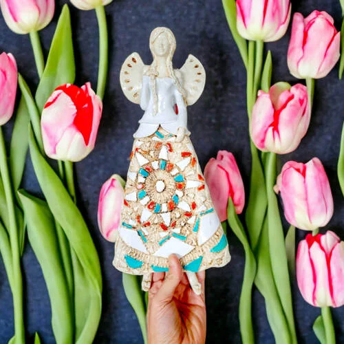 Anioł Heather - biały pomarańcz turkus -  35 x 15 cm figurka dekoracyjna gipsowa