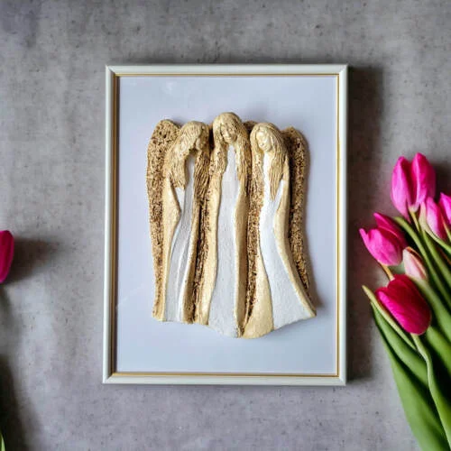 Anioły Wiara Nadzieja Miłość + ramka - białe -  28 x 20 cm figurka dekoracyjna gipsowa