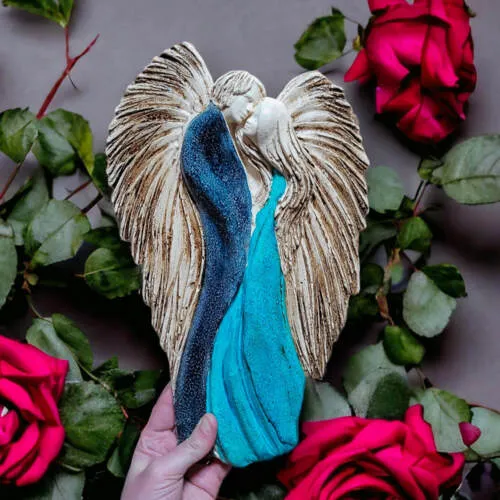 Zakochane Anioły - wiszące granatowo turkusowe -  35 x 21 cm figurka dekoracyjna gipsowa