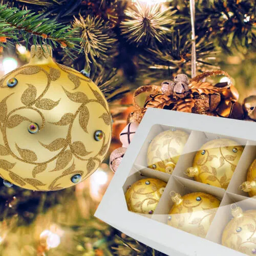 Bombki - złote listki z perełką -  100 mm bombki choinkowe szklane 6 szt