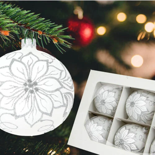 Bombki białe kwiaty na kredzie -  100 mm bombki choinkowe szklane 6 szt