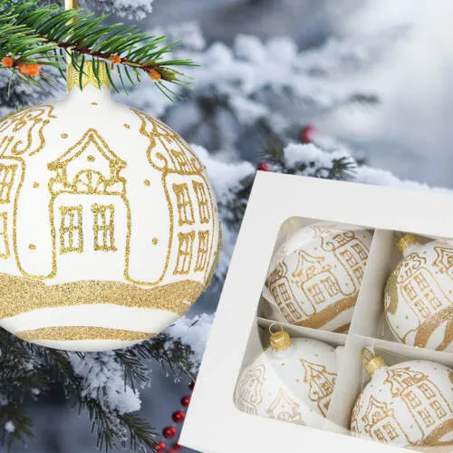 Złote chatki na kredzie - brokat -  80 mm  bombki choinkowe szklane 6 szt