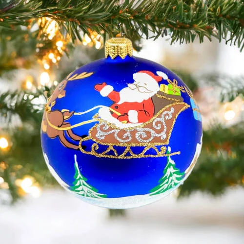 Mikołaj z Reniferem na granacie -  bombka choinkowa szklana