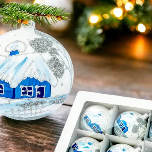 Bombki niebieskie chatki na białym -  80 mm  bombka choinkowa szklana 6 szt