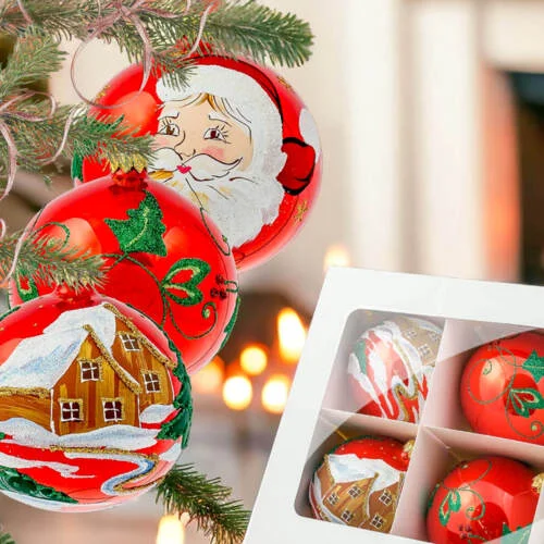 Chatki Mikołaj i kosodrzew na czerwonym błysku -  100 mm bombki choinkowe szklane 6 szt