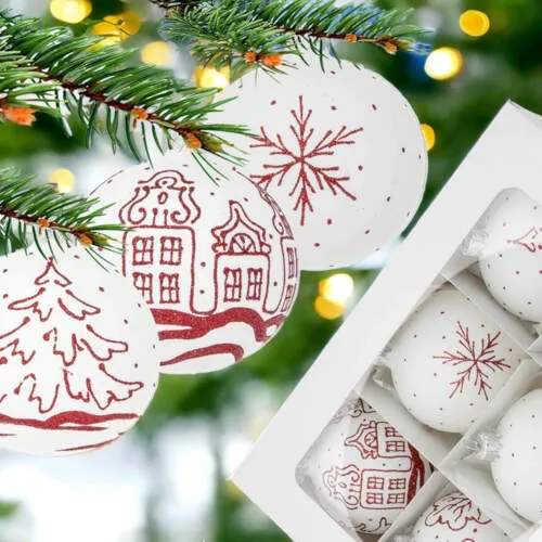 Bombki czerwony brokat na kredzie - chatki gwiazdka choinka -  80 mm  bombki choinkowe szklane 6 szt