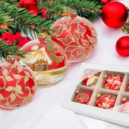 Bombki czerwony opal - złote listki z perełką chatki mrożone listki -  100 mm bombki choinkowe szklane