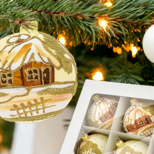 Bombki złote chatki wanilia -  100 mm bombki choinkowe szklane 6 szt