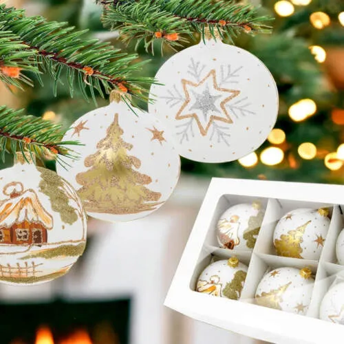 Bombki biały mix kreda  - chatka choinka gwiazdka -  80 mm  bombki choinkowe szklane 6 szt