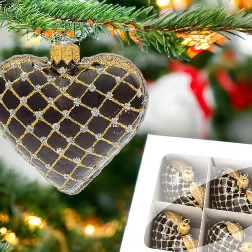 Bombki serca czarno złote -  8 x 7 cm bombki choinkowe szklane 6 szt