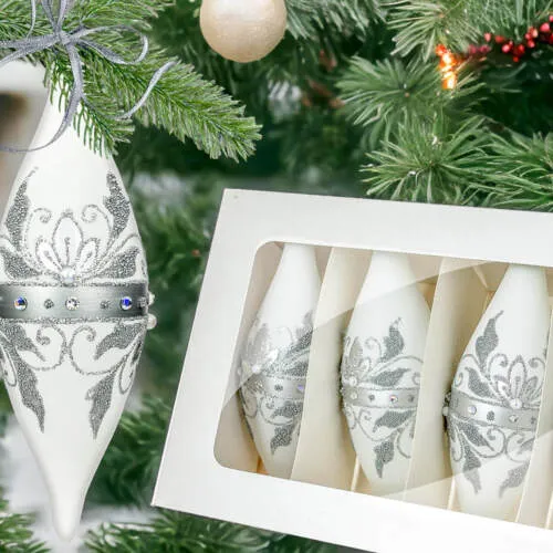 Sople Królewskie srebrne na białej kredzie -  180 mm bombki choinkowe szklane 4 szt