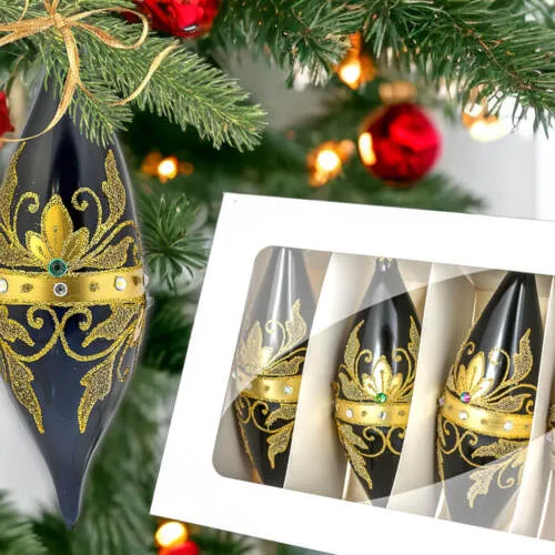 Sople Królewskie złote na czarnej porcelanie -  180 mm bombki choinkowe szklane 4 szt