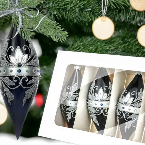 Sople Królewskie srebrne na czarnej porcelanie -  180 mm bombki choinkowe szklane 4 szt