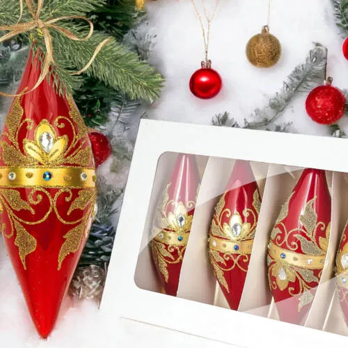 Sople Królewskie złote na czerwonej porcelanie -  180 mm bombki choinkowe szklane 4 szt