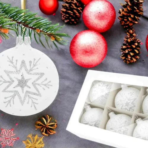 Bombki biała kreda - srebrna gwiazdka   -  80 mm  bombki choinkowe szklane 6 szt