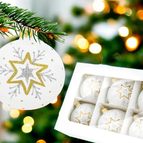 Bombki biała kreda - złota gwiazdka   -  80 mm  bombki choinkowe szklane 6 szt