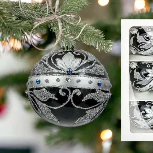 Bombki Królewskie srebrne na czarnej porcelanie -  80 mm  bombki choinkowe szklane 3 szt