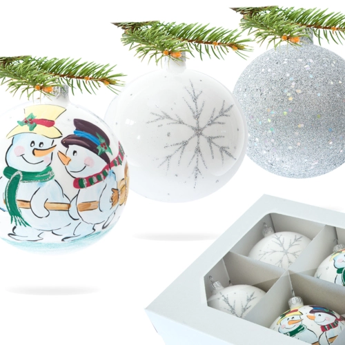 Bombki białe bałwanki kula mix  -  100 mm bombki choinkowe szklane 6 szt