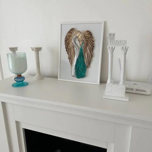 Zakochane Anioły + ramka - wiszące srebrno turkusowe -  35 x 21 cm figurka dekoracyjna gipsowa