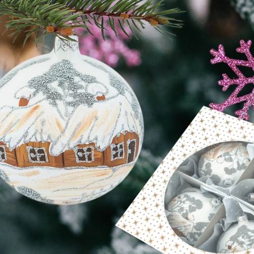 Bombki brązowe chatki na białym -  100 mm bombki choinkowe szklane