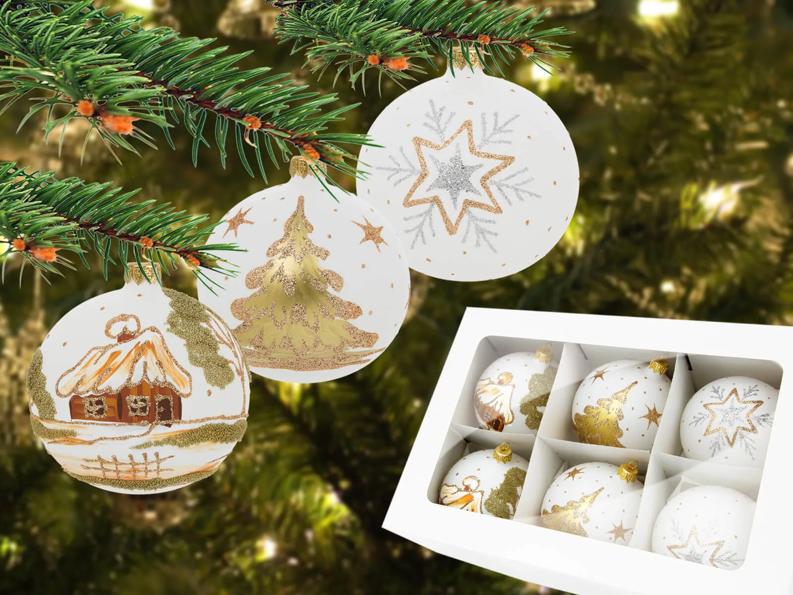 Zestaw biały mix kreda 80 mm 6 szt. Bombki biały mix kreda - 80 mm 6 szt.