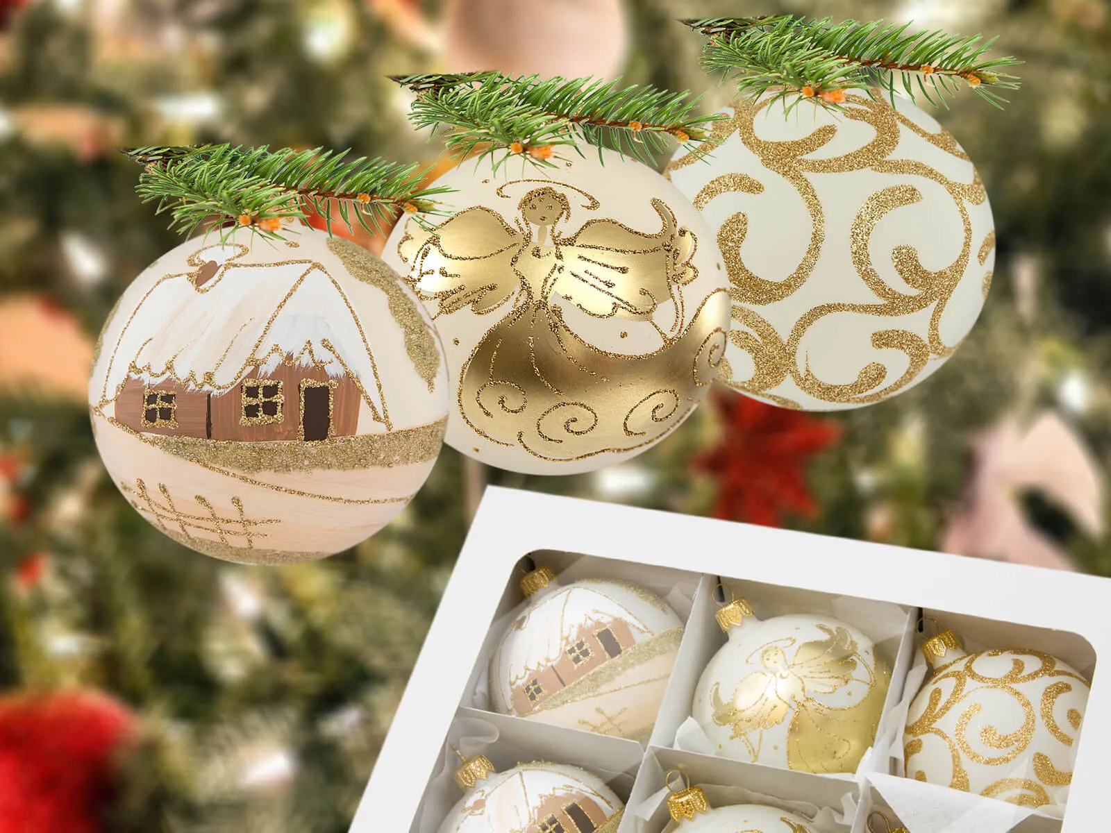 Zestaw renifer chatka śnieżynka - 80 mm 6 szt. Bombki renifer chatka śnieżynka - 80 mm 6 szt.